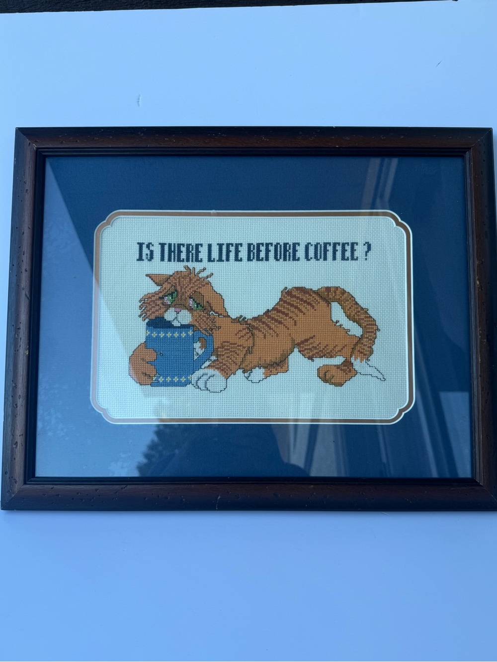 “Is There Life Before Coffee” Vintage  Cross Stitch Framed Wall Decor 1980s CAT